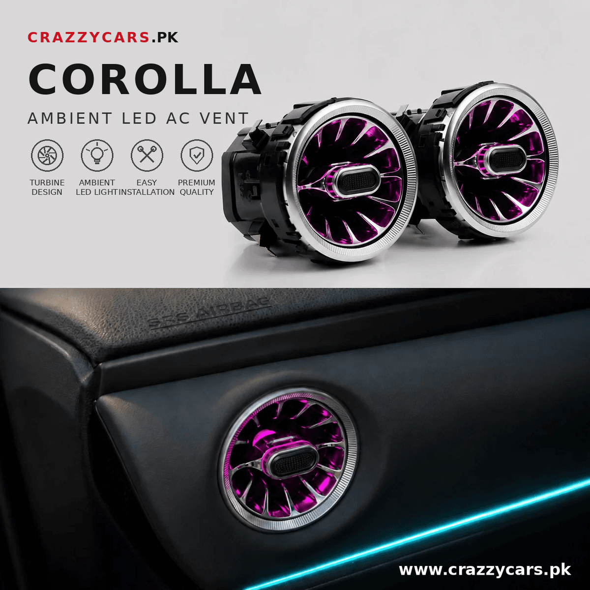 Toyota Corolla AirFlow Ambient LED AC Vent Trims Plug and Play — Interior Lights for cars in Pakistan