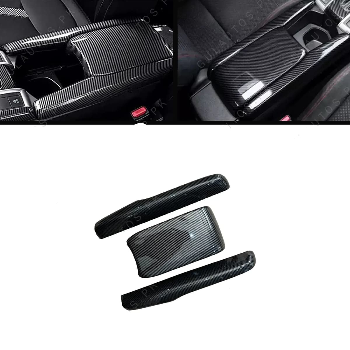 Honda Civic X 2016-2021 Carbon Armrest Console Trim 3PCS — Honda Civic X (2016–2021) accessories for cars in Pakistan